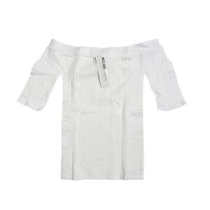 Scala Off Shoulder Textured Knit Top White One Size NWT